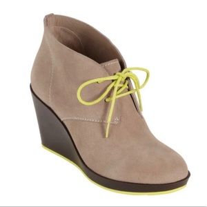 Cole Haan Taupe Suede Wedge Ankle Boot with Neon Yellow Laces